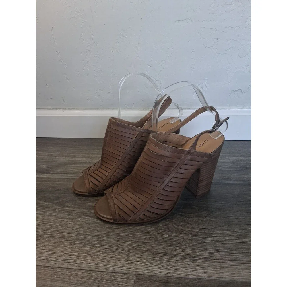 Lucky Brand Brown Leather Boho Peep Toe Slingback Block Heel Sandal women Sz 8.5